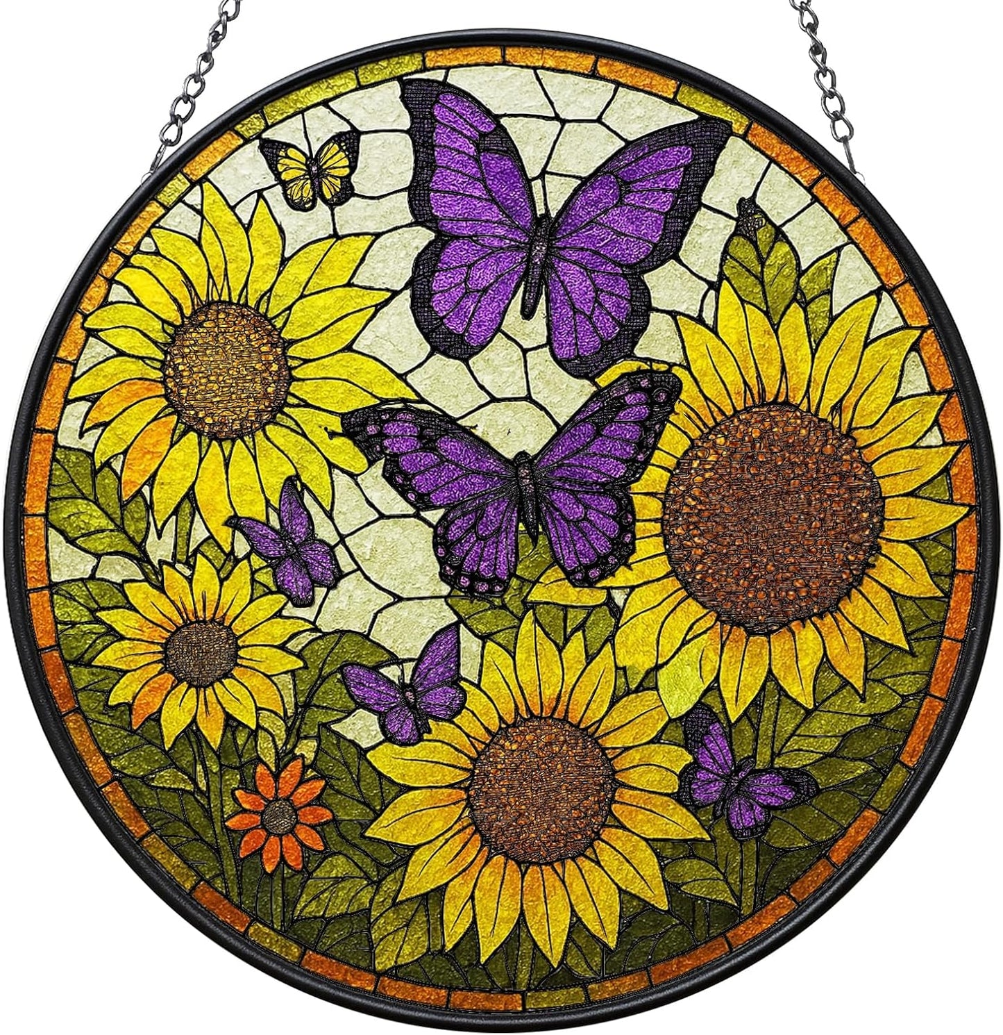 Sunflower Butterfly Suncatchers Stained Glass for Windows Hanging - 8'' Sun Catchers Indoor Window - UV-Print Stain Glass Window Hanging for Home Decor, Wall Art, Gifts for Mom
