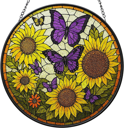 Sunflower Butterfly Suncatchers Stained Glass for Windows Hanging - 8'' Sun Catchers Indoor Window - UV-Print Stain Glass Window Hanging for Home Decor, Wall Art, Gifts for Mom
