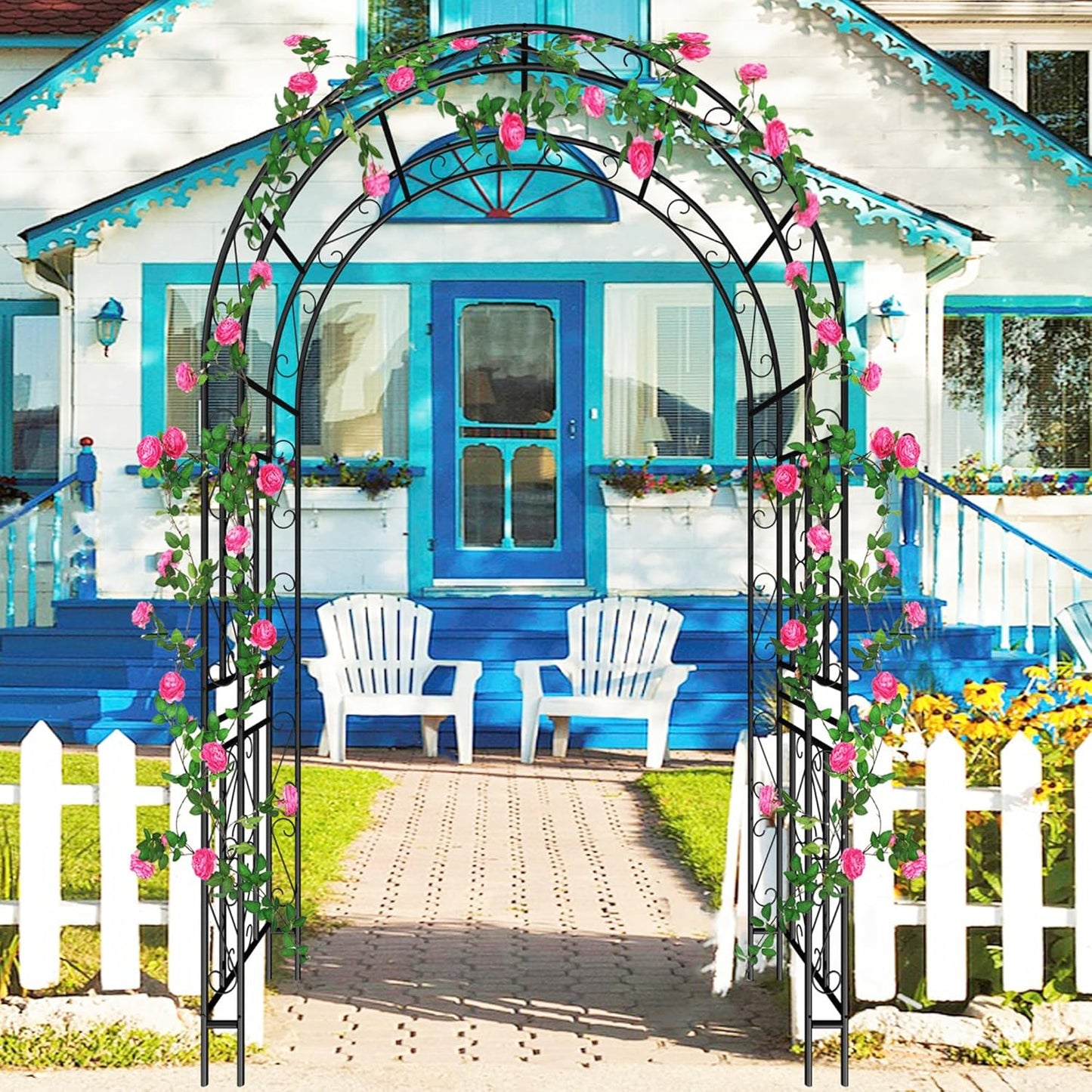 Metal Garden Arch 90" H Garden Arbor Trellis Climbing Plants Support Pattern Arch Outdoor Lawn Wedding Party Events Archway Black