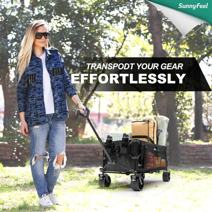 SUNNYFEEL 49''L 550lbs Heavy Duty Wagon Cart Foldable with Wheels,Extra Long Fold Up Wagons Carts with Side Pocket and Brakes for Camping Sports Garden Shopping (Black)