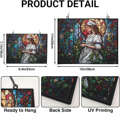 Customized Rectangle Art Nouveau Garden Nurse Stained Glass Window Hanging Suncatcher Stained Glass Home Decor Garden Halloween Christmas Party Wedding Housewarming Gifts