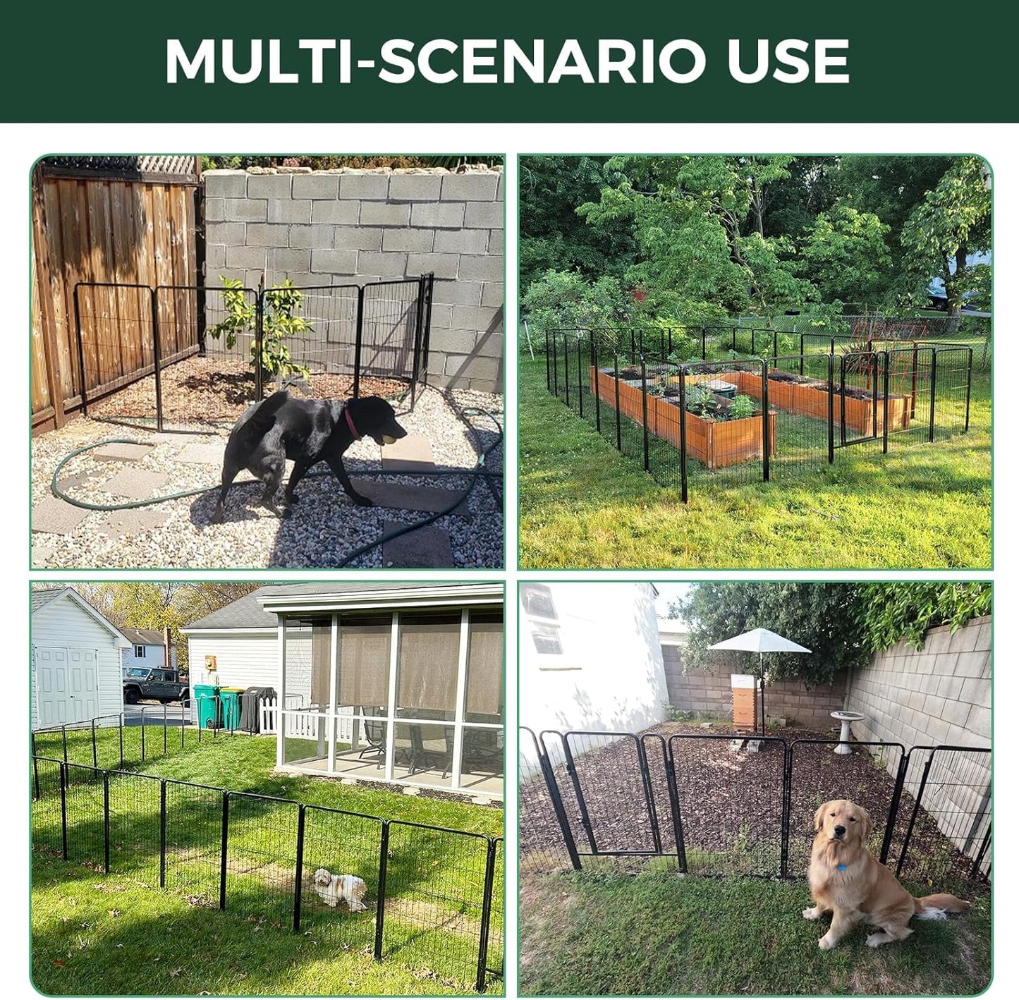 FXW Garden Fence Outdoor for The Yard – 32in(H) x 18.2ft(L) Heavy Duty Metal Animal Barrier for Dog and Rabbit, Decorative Dog Fence with Fence-to-Wall Anchor (Pack of 4), 8 Panels, Black