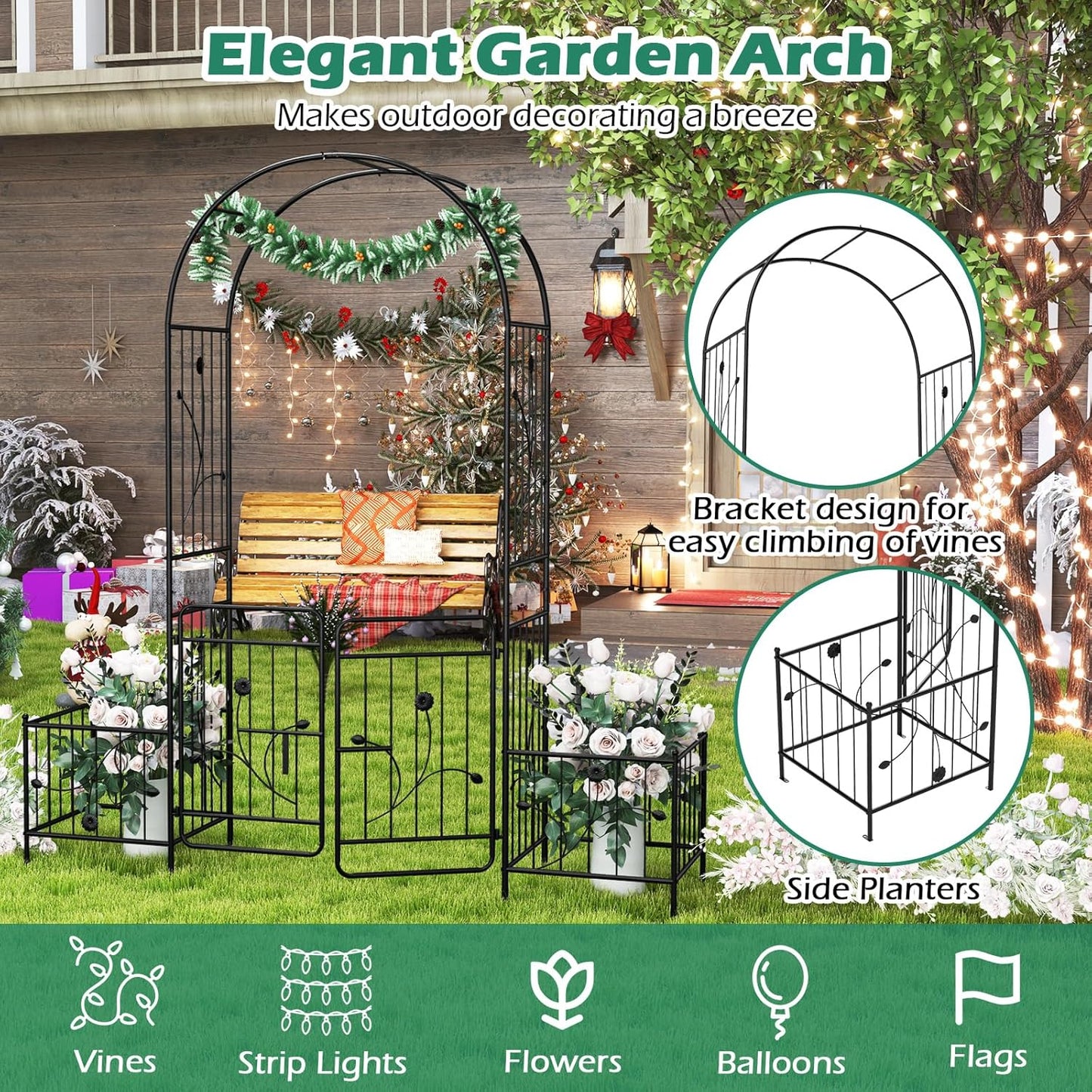 Giantex Garden Arch with Planter - 86 inch Metal Garden Arbor with Gate, Arch Trellis for Climbing Plants Rose, Wedding Archway Pergola for Lawn Patio Bridal Party Decoration