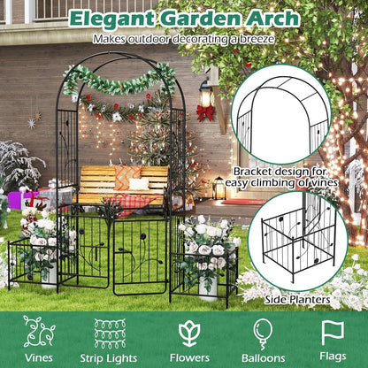 Giantex Garden Arch with Planter - 86 inch Metal Garden Arbor with Gate, Arch Trellis for Climbing Plants Rose, Wedding Archway Pergola for Lawn Patio Bridal Party Decoration