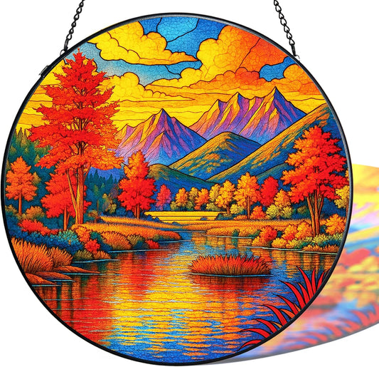 Stained Glass Window Hanging, Autumn Sun Catchers Stained Glass Panels for Indoor Windows Wall Art Decor, Birthday Gift for Mom Women Wife Men Lovers (7.87inch)