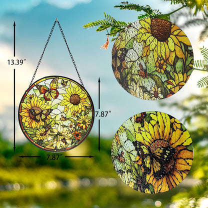Sunflower Hanging Stained Glass for Windows,Hand-Painted Sun Catcher Garden Hangings，7.9 inch