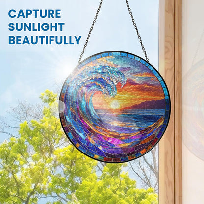 FLAGWIX Christmas Beach Gifts for Women Men - Stained Glass Window Hanging 10in for Holiday Christmas Decorations 2025 - Sun Catchers Indoor Window for Ocean Decor, Beach Decor, Boho Gifts for Women