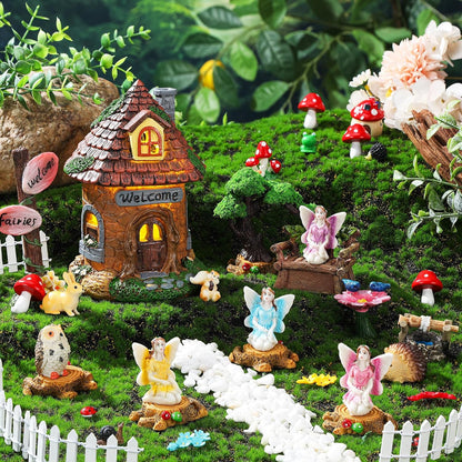 Leyndo 28 Pcs Solar House Garden Accessories Fairy Light up Fairy Figures Garden Kit Resin Miniature Mushroom House Figures Micro Landscape Ornaments (Fresh)