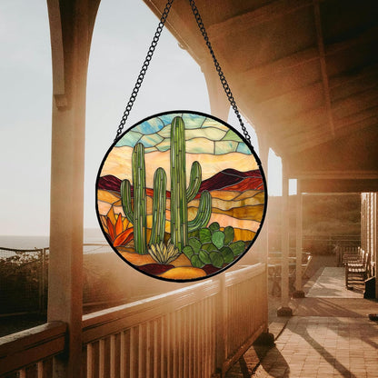 Stained Glass Window Hanging, Green Cactus Sun Catcher for Door Terrace Garden Home Decor, Abstract Desert Landscape Suncatcher Birthday Gifts for Lovers Women Men Dad Mom Nana 7.8 in