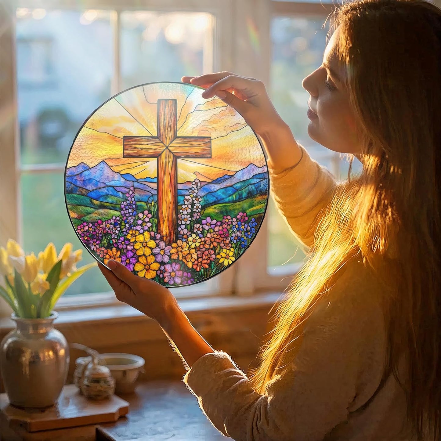 Cross and Wildflowers Stained Glass Sun Catcher - Handmade 7.87 Inch Christian Decor, Stained Glass Window Hanging, Christian Gift, Religious Decor Gift for Friends, Family, Classmates