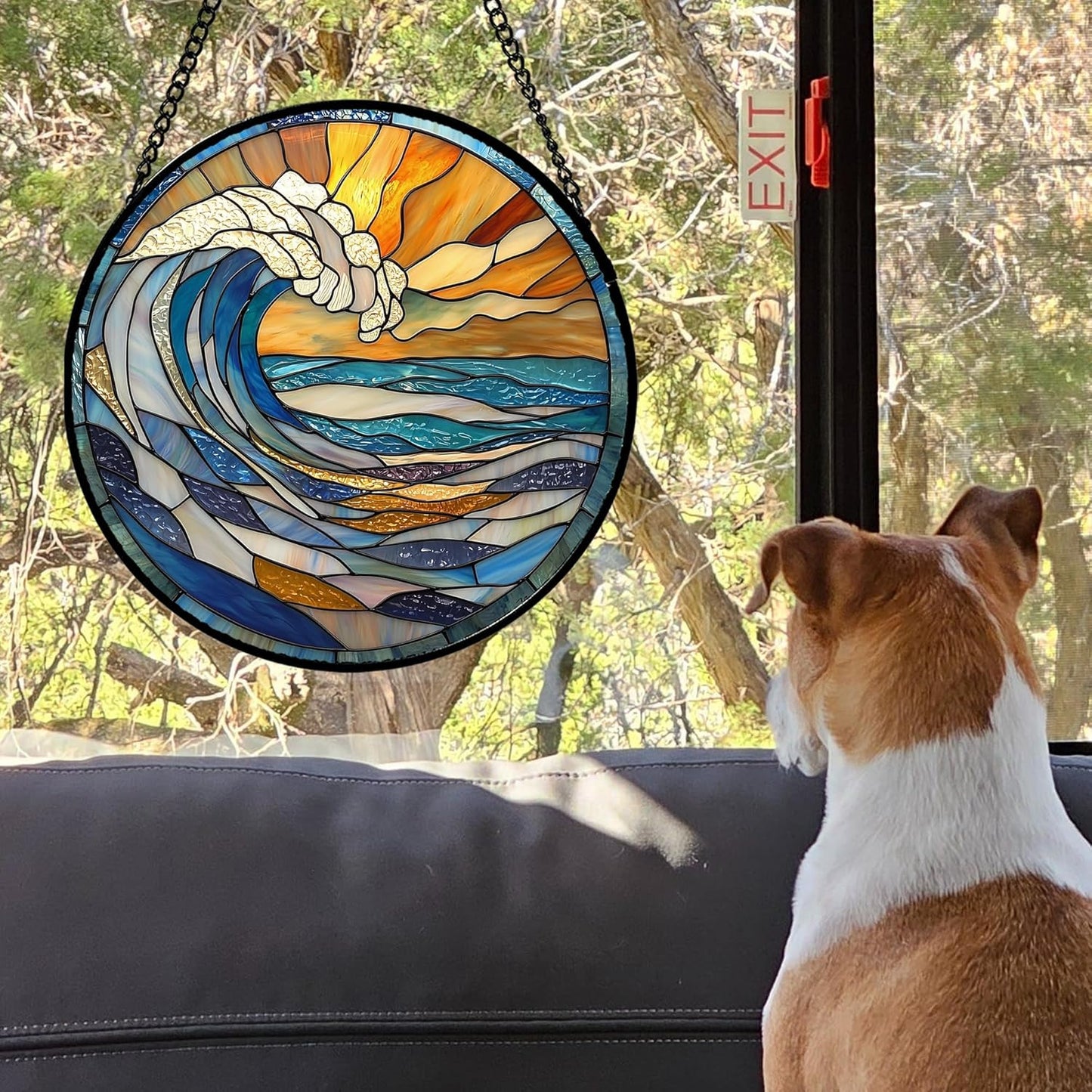 Stained Glass Window Hanging, Orange Clouds Blue White Sea Waves Landscape Suncatcher for Doors Window Home Sun Catchers Decor Mother's Day Birthday Gifts for Women Men Mom 11.8 in
