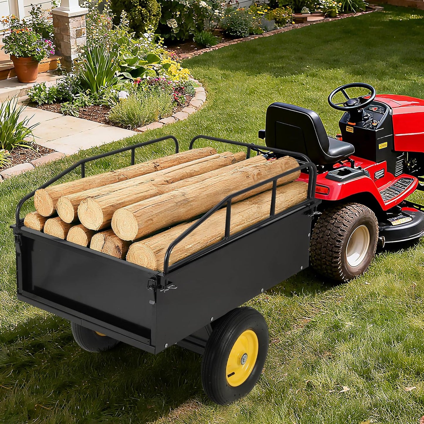 Garvee Garden Utility Trailer, 17 Cu. Ft & 750 LBS Capacity, ATV UTV Hauling Trailer, Tow Behind Steel Dump Cart, Hand Pull or Foot Pedal, Heavy Duty Yard Trailers for Lawn Mower Tractor