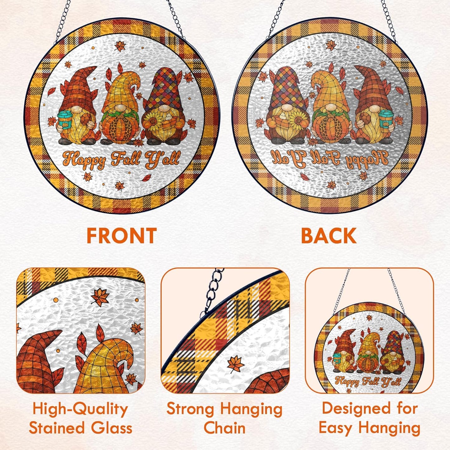 FLAGWIX Fall Decorations for Home - Happy Fall Y'all Stained Glass Window Hanging 8 in - Fall Gifts for Women Men, Gnomes Sun Catchers Indoor Window Garden Decor, Thanksgiving Decorations Sun Catcher