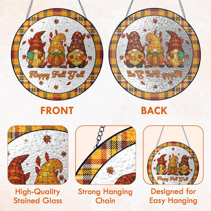FLAGWIX Fall Decorations for Home - Happy Fall Y'all Stained Glass Window Hanging 8 in - Fall Gifts for Women Men, Gnomes Sun Catchers Indoor Window Garden Decor, Thanksgiving Decorations Sun Catcher