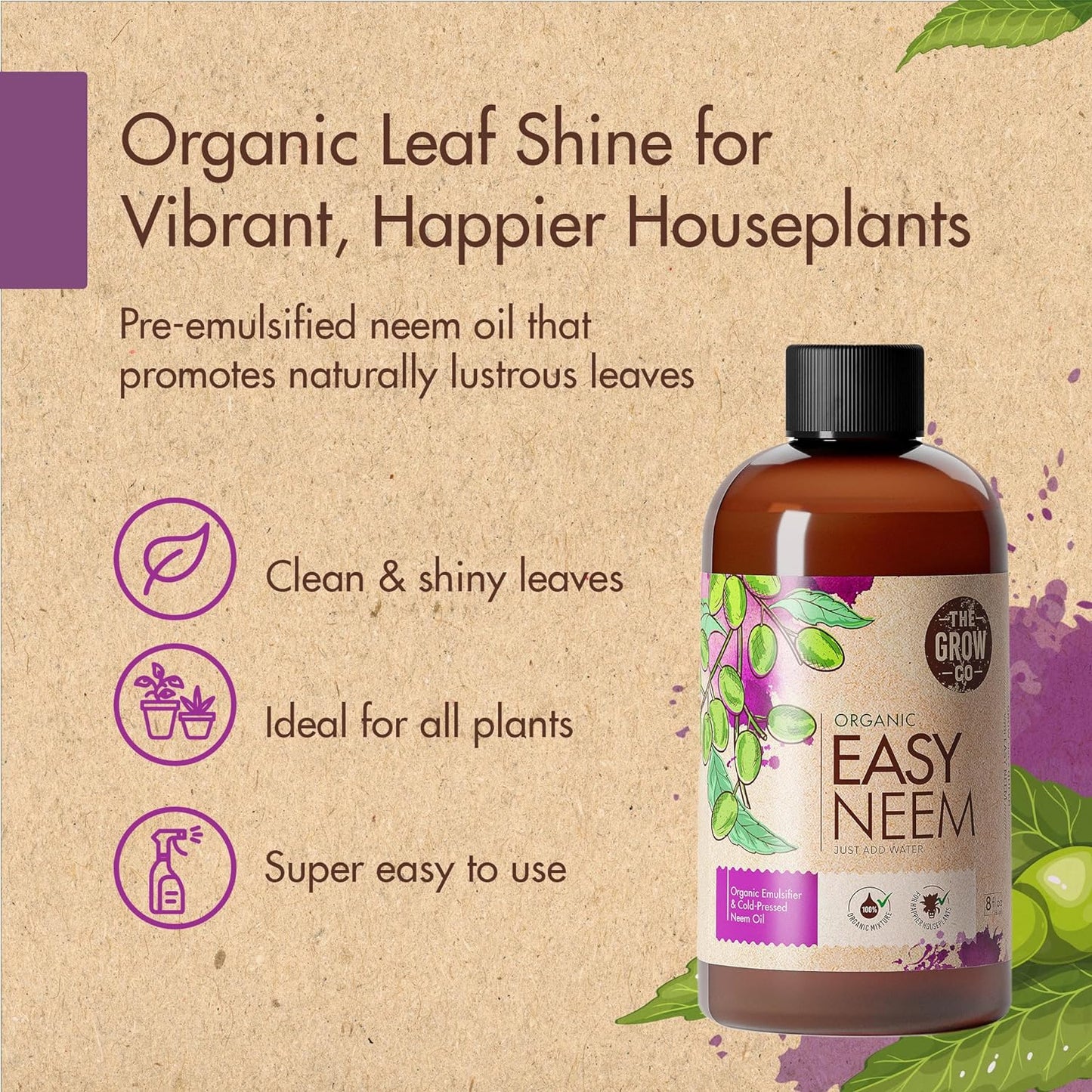 8oz Organic Neem Oil for Plants - Cold Pressed Neem Oil Concentrate for Plants, Water Soluble and Pre-Emulsified for Indoor and Outdoor Use, Spray for Shinier, Dust and Dirt-Free Plant Leaves