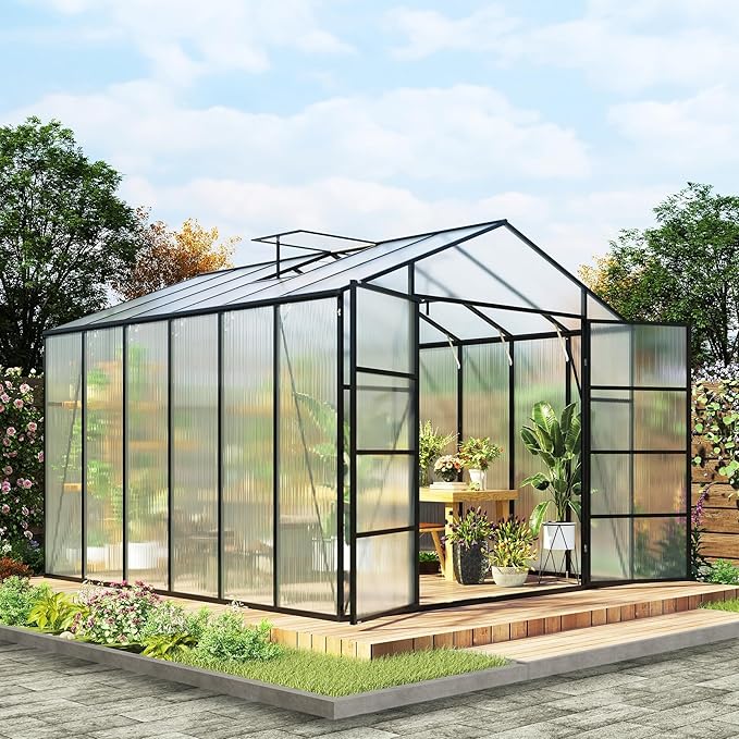 92in High 10*12FT Greenhouse for Outdoors,Polycarbonate Greenhouse with Stronger Wind Protection and Roof Vent,Walk-in Large Aluminum Sunroom Winter Proof,Black