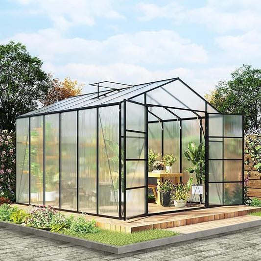92in High 10*12FT Greenhouse for Outdoors,Polycarbonate Greenhouse with Stronger Wind Protection and Roof Vent,Walk-in Large Aluminum Sunroom Winter Proof,Black