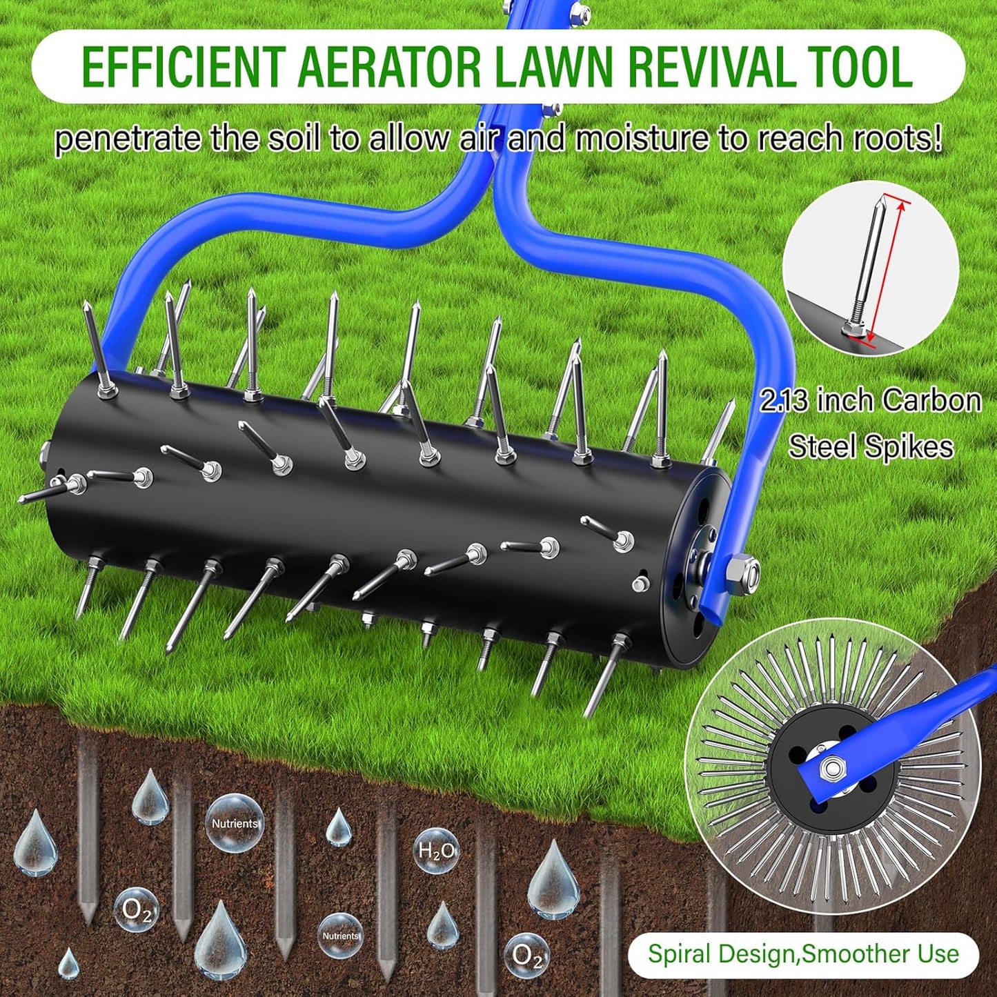 Lawn Aerator Roller,Manual Aerator Tool,Heavy Duty Lawn Spike Aerator Roller with 54 Spikes,79" Adjustable Handle Manual Push Aerator Lawn Tool,Lawn Aeration for Lawn Care & Soil Penetrat