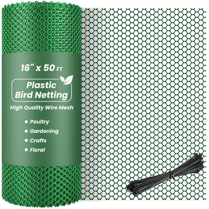 16IN x 50FT Plastic Chicken Wire Mesh, Chicken Wire for Floral Arrangements, Chicken Wire Mesh for Crafts with 100 Pcs Zip Ties, Mesh Fence for Dogs, Deers, Poultry