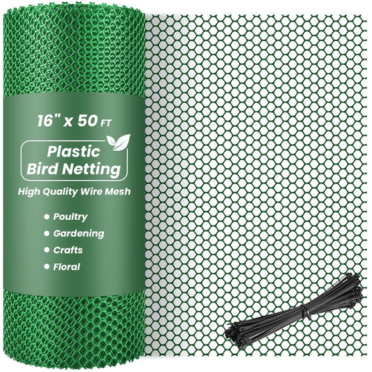 16IN x 50FT Plastic Chicken Wire Mesh, Chicken Wire for Floral Arrangements, Chicken Wire Mesh for Crafts with 100 Pcs Zip Ties, Mesh Fence for Dogs, Deers, Poultry