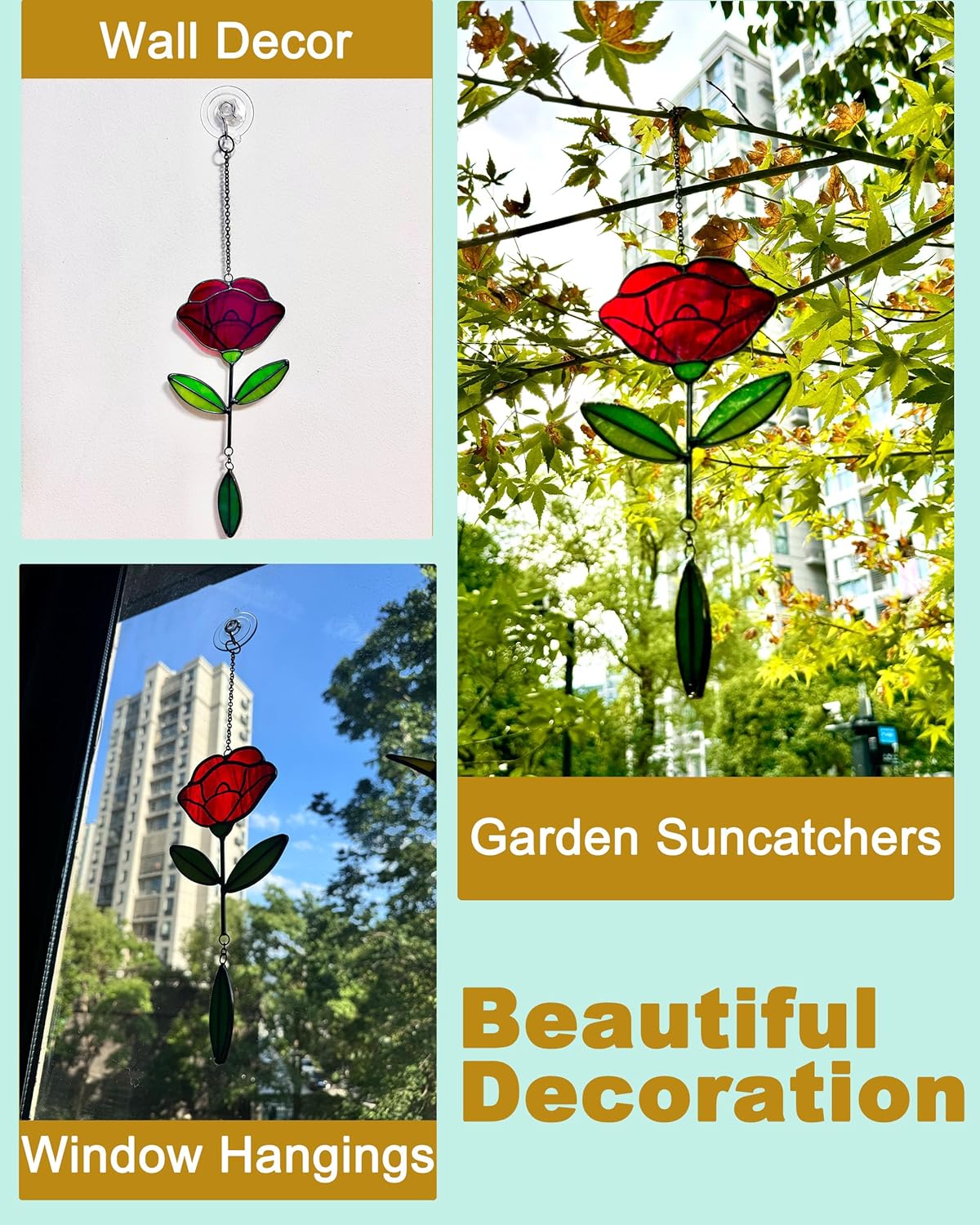 Stained Glass Window Hangings, Handcrafted Garden Suncatchers for Window and Home Decor Decor, Unique Artisan Glass Ornaments for Indoor and Outdoor Use, Red Flower