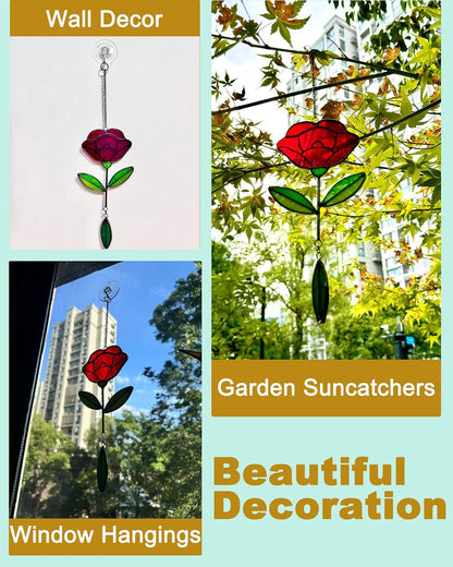 Stained Glass Window Hangings, Handcrafted Garden Suncatchers for Window and Home Decor Decor, Unique Artisan Glass Ornaments for Indoor and Outdoor Use, Red Flower