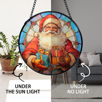 TNUW Christmas Stained Glass Window Hanging, Retro Winter Xmas Santa Claus Sun Catchers Indoor Window Glass Round Wall Art Decor, Christmas Wall Hanging Decorations, 7.9＂x7.9＂