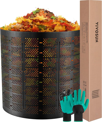 VIVOSUN 300 Gallon Outdoor Compost Bin, Expandable Composter, Easy to Setup & Large Capacity for Backyard, Lawn (Black with Gloves)