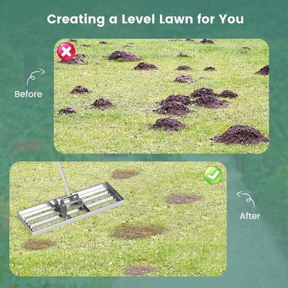 Goplus Lawn Leveling Rake, 30" x 10" Heavy Duty Level Lawn Tool w/ Ergonomic Handle for Soil, Effort-Saving Landscape Rake for Garden, Backyard, Golf Course, Farm, Pasture, Silver