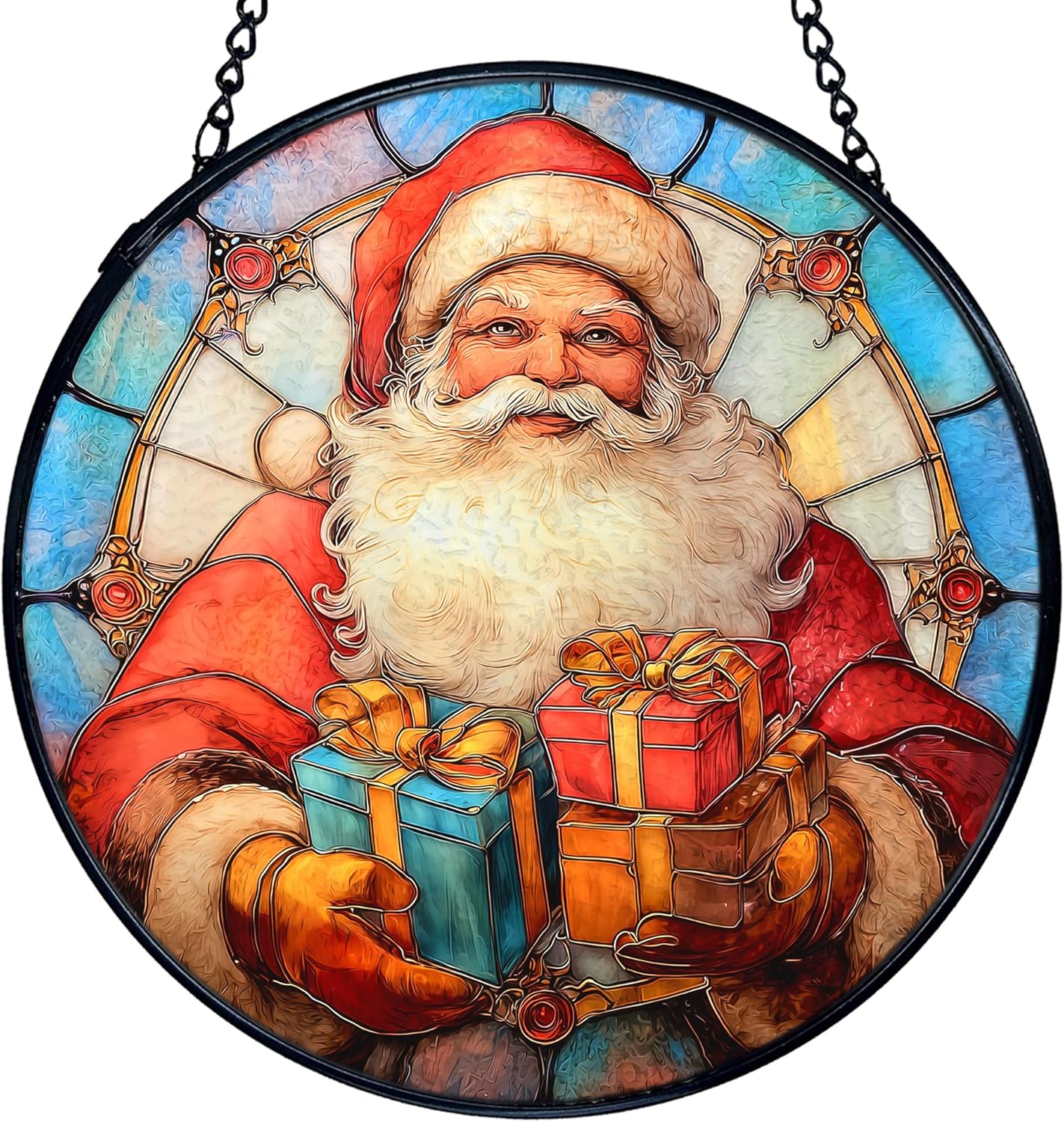 TNUW Christmas Stained Glass Window Hanging, Retro Winter Xmas Santa Claus Sun Catchers Indoor Window Glass Round Wall Art Decor, Christmas Wall Hanging Decorations, 7.9＂x7.9＂