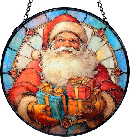 TNUW Christmas Stained Glass Window Hanging, Retro Winter Xmas Santa Claus Sun Catchers Indoor Window Glass Round Wall Art Decor, Christmas Wall Hanging Decorations, 7.9＂x7.9＂