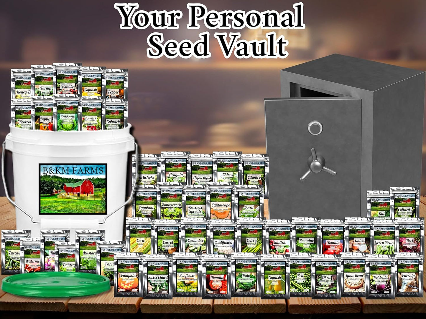 Survival Seed Vault: 50 Varieties, 50,000+ Non-GMO Heirloom Seeds - 5+ Year Supply in Secure Bucket + Growing Guide by B&KM Farms