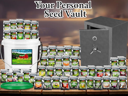 Survival Seed Vault: 50 Varieties, 50,000+ Non-GMO Heirloom Seeds - 5+ Year Supply in Secure Bucket + Growing Guide by B&KM Farms