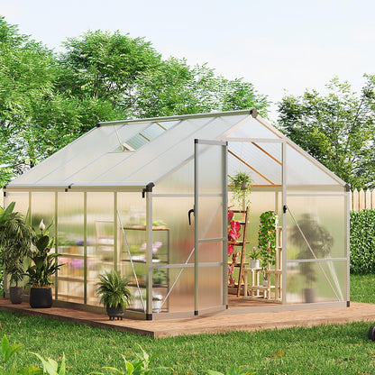 8 x 10 ft Greenhouse, Greenhouses for Outside, Polycarbonate Greenhouse with Aluminum Frame, Lockable Door and Ajustable Roof Vent for Backyard, Green Houses for Outside Garden Backyard, Patio
