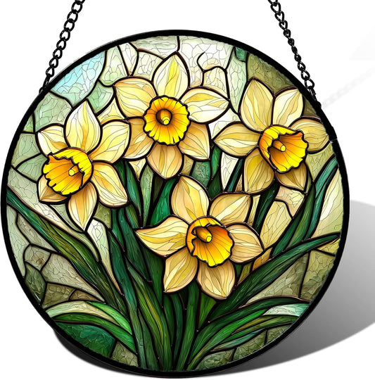 Stained Glass Window Hanging, Daffodil Plant Flowers Sun Catchers Diamond Glass Panel Hangings