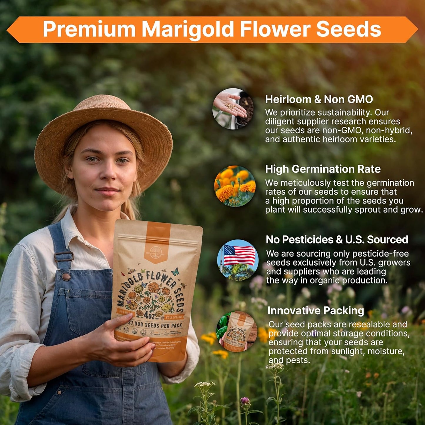 Marigold Seeds Pack 4 oz - Over 37,000 Non-GMO Heirloom Marigold Seeds for Planting Indoor & Outdoor Gardening, Flower Seed for Planting Home and Garden, Flowers Seed in Individual Packet