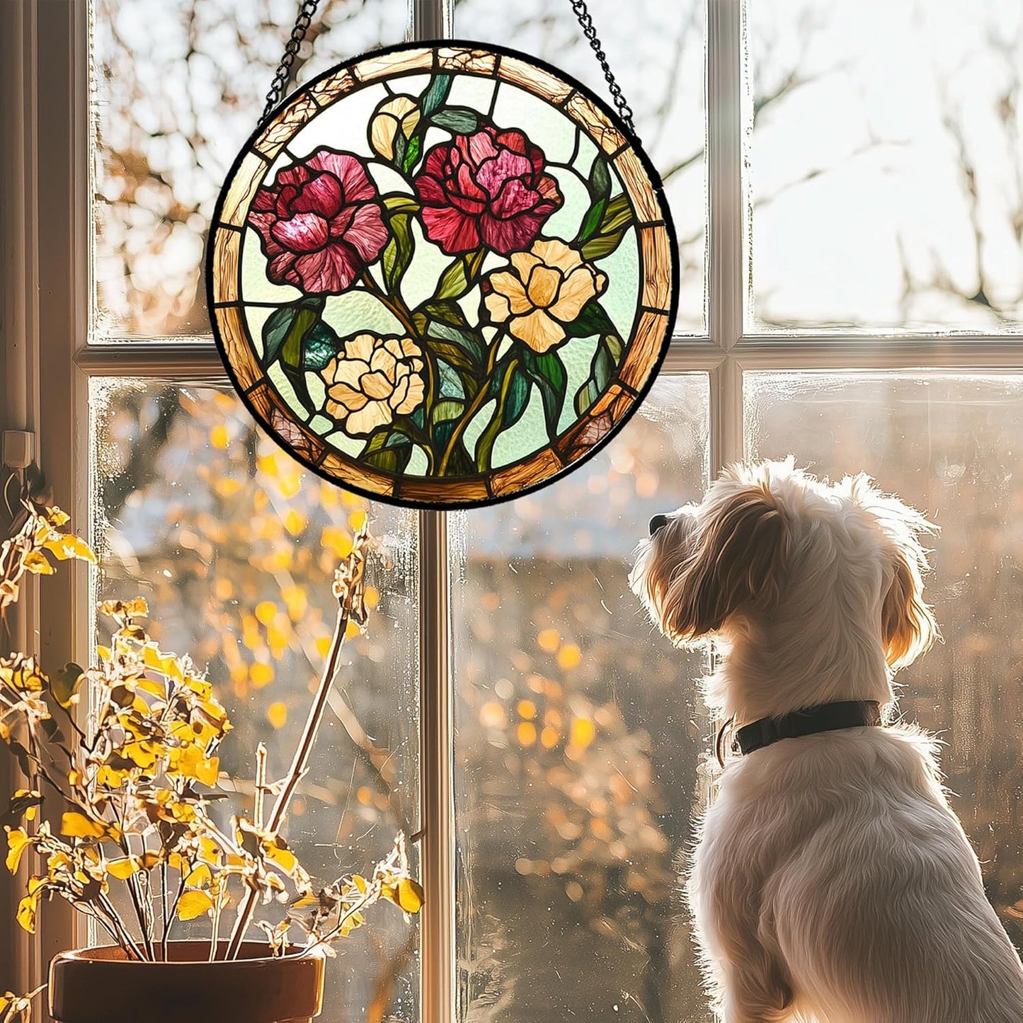 Stained Glass Window Hanging - Birth Flower Carnation Suncatcher for Doors Garden Yard Red Yellow Sun Catchers Decor Christmas Mother's Day Birthday Gifts for Teacher Women Mom Nana 15 in