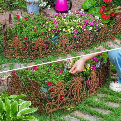 Sungmor Decorative Cast Iron Garden Edging, 4 Pack Full Rusted Victorian Garden Edging Landscape Border, Vintage Metal Yard Stake Low Picket Fence, 11.8" Tall Outdoor Flower Bed Lawn Fence Panels