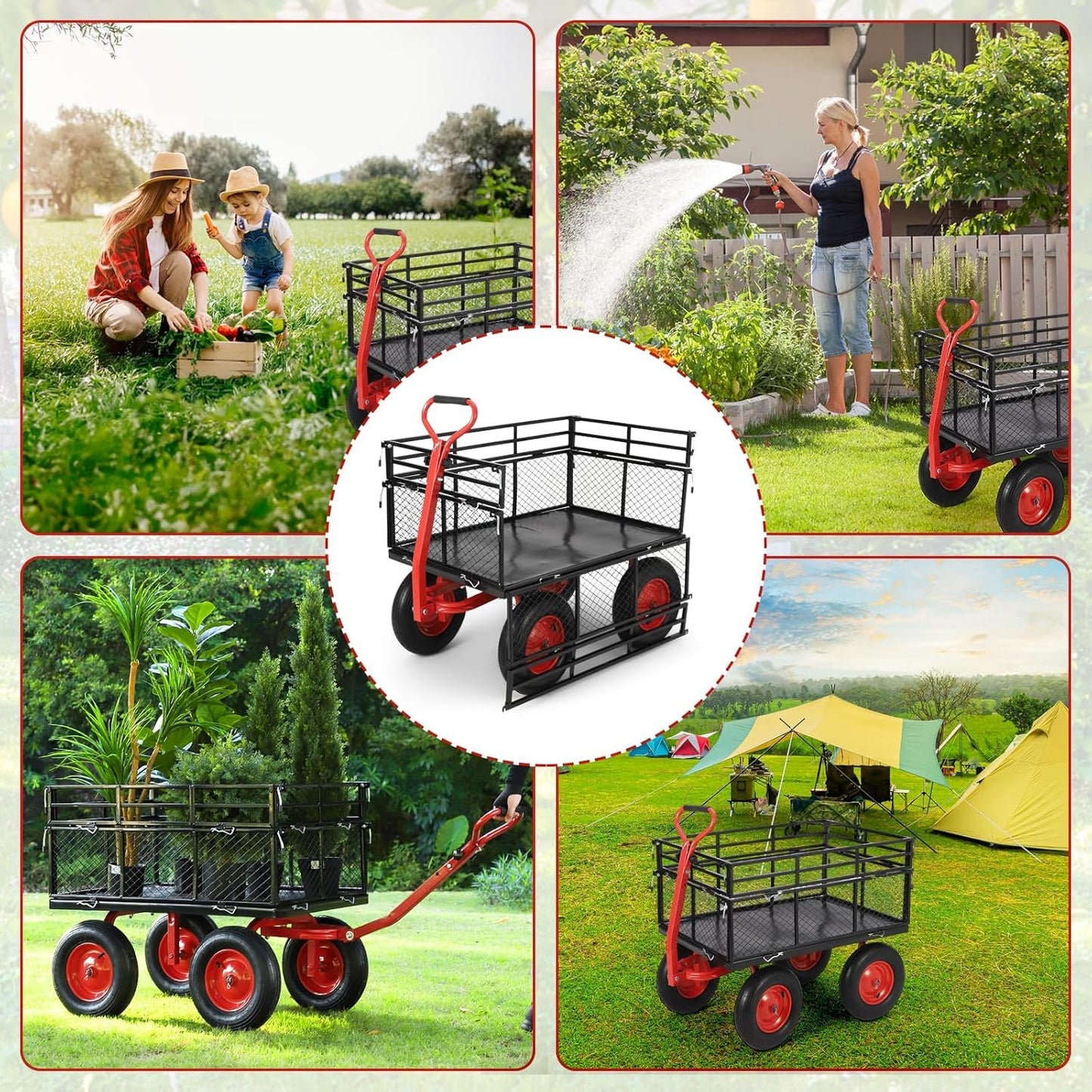 1400 Lbs Heavy Duty Utility Garden Carts and Wagons with 180° Rotating Handle and Removable Sides, Steel Yard Dump Wagon Carts with 16" All Terrain Tires