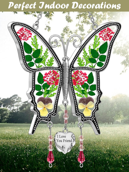 KY&BOSAM Gifts for Women I Love You Friend Butterfly Suncatcher with Pressed Real Flower Stained Glass Suncatchers for Window Hanging Wind Chime Decor Brithday Gift for Friend Mothers Day