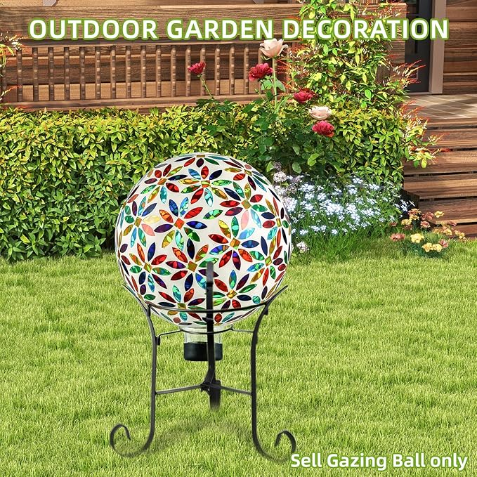 VOREEN Mosaic Glass Gazing Ball Outdoor Gazing Globe, Handmade Reflective Ball Yard Decoration for Homes, Patio, Lawn and Gardens, Gift for Mom Wife Friend, 10-Inch, Multi Colored Flowers Design