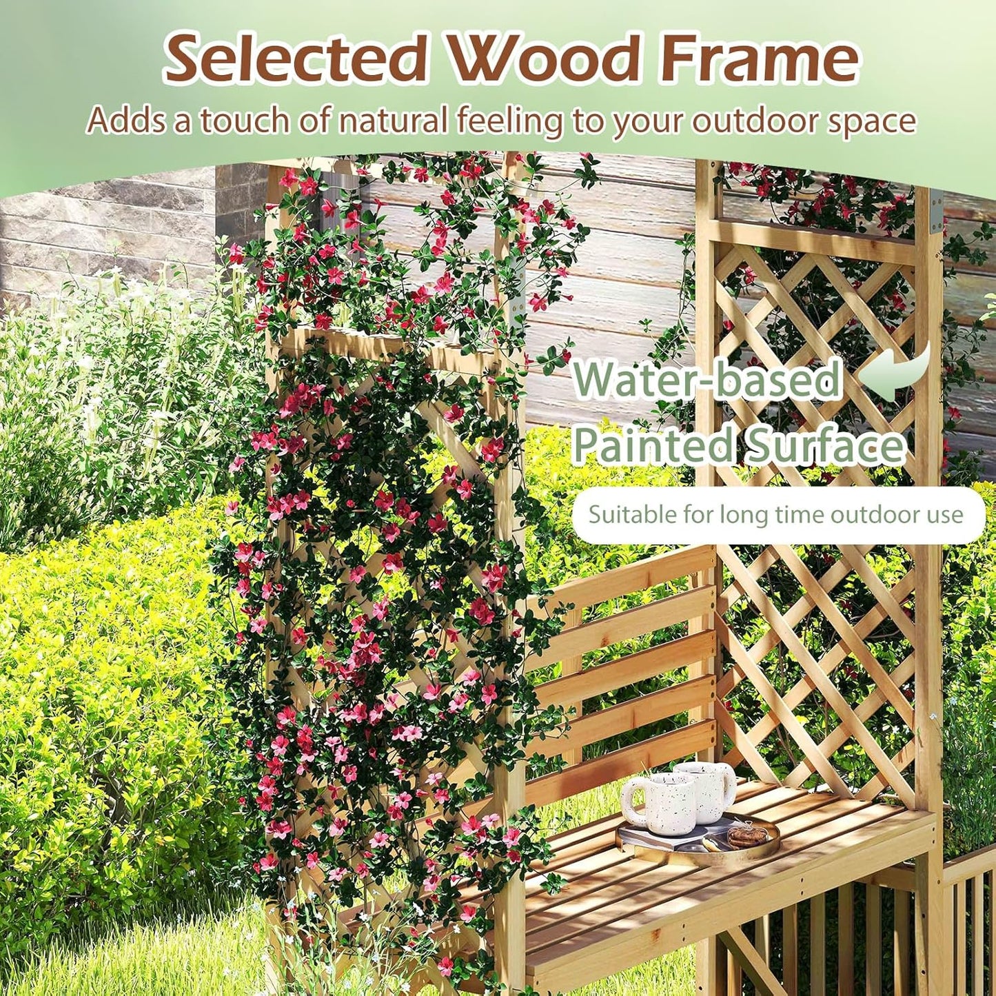 Happygrill Garden Arbor with Bench & 2 Planter, Wooden Garden Arch for Climbing Plants w/Love Seat, 2 Trellises & Planting Box to Grow Grapes & Vines, 2-Person Outdoor Wood Seating for Patio, Backyard
