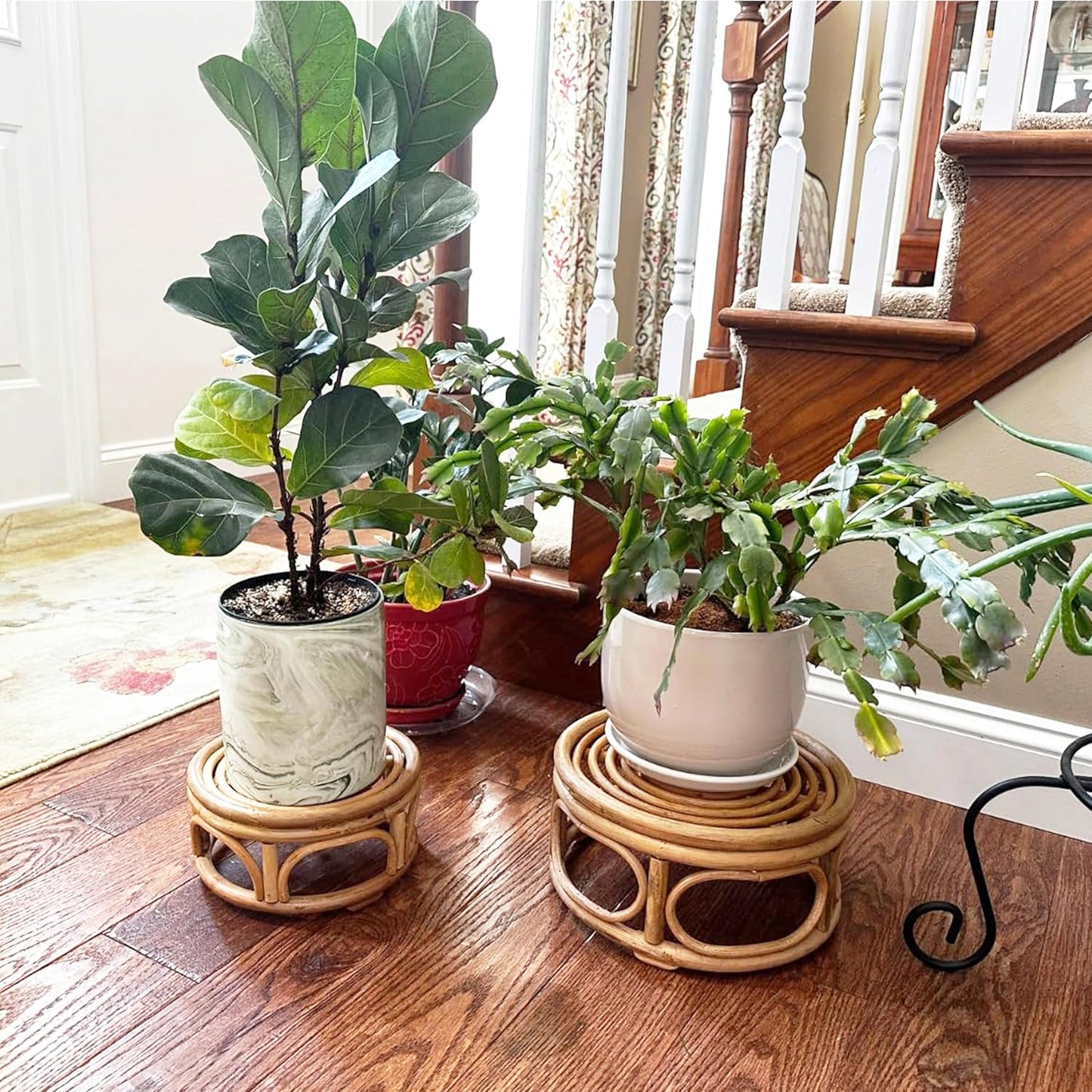 Set of 2 Boho Rattan Woven Round Decorative Risers Plant Stands Indoor, Mid Century Minimalist Modern Plant Stand, Wicker Short Plant Stand Holder Suitable Fits 8'' and 12'' Pots