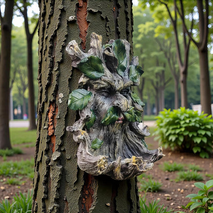 Whimsical Tree Face Garden Decoration ，Tree Faces Decor Outdoor Wallmounted Statue Art with Leaf Features, Outdoor Decor Garden Accessory (Home Decor)