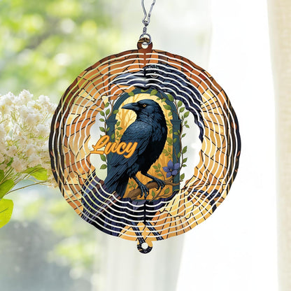 Personalized Raven Wind Spinner 3D Stainless Steel, Raven Garden Spinner Hanging Outdoor Decor, Wind Spinners Outdoor, Custom Gift for Grandmother, Mom, Wife