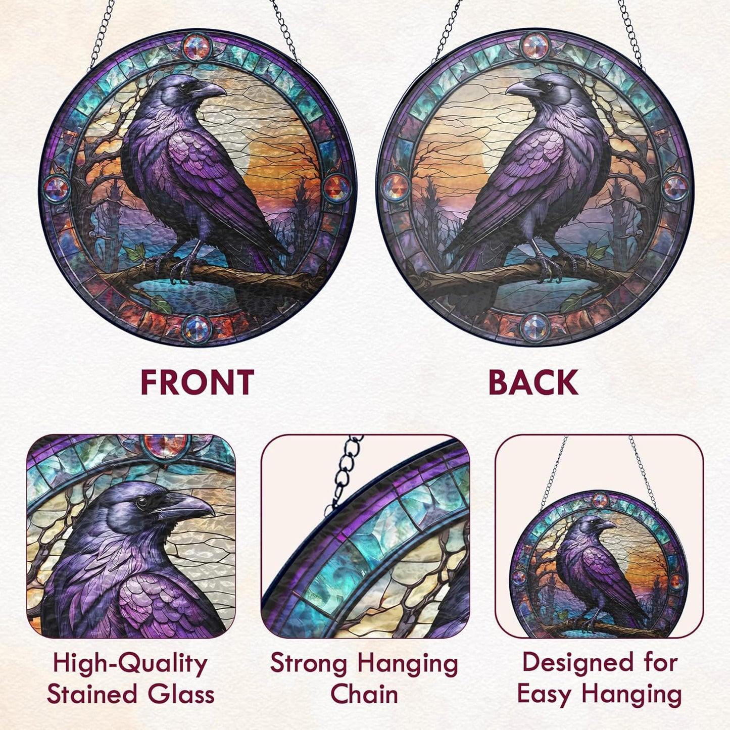 FLAGWIX Halloween Decorations Indoor Outdoor - The Crow Raven Stained Glass Window Hanging 8in - Black Crow Suncatchers for Gothic Home Decor, Halloween Fall Christmas Decor Gifts for Men Women