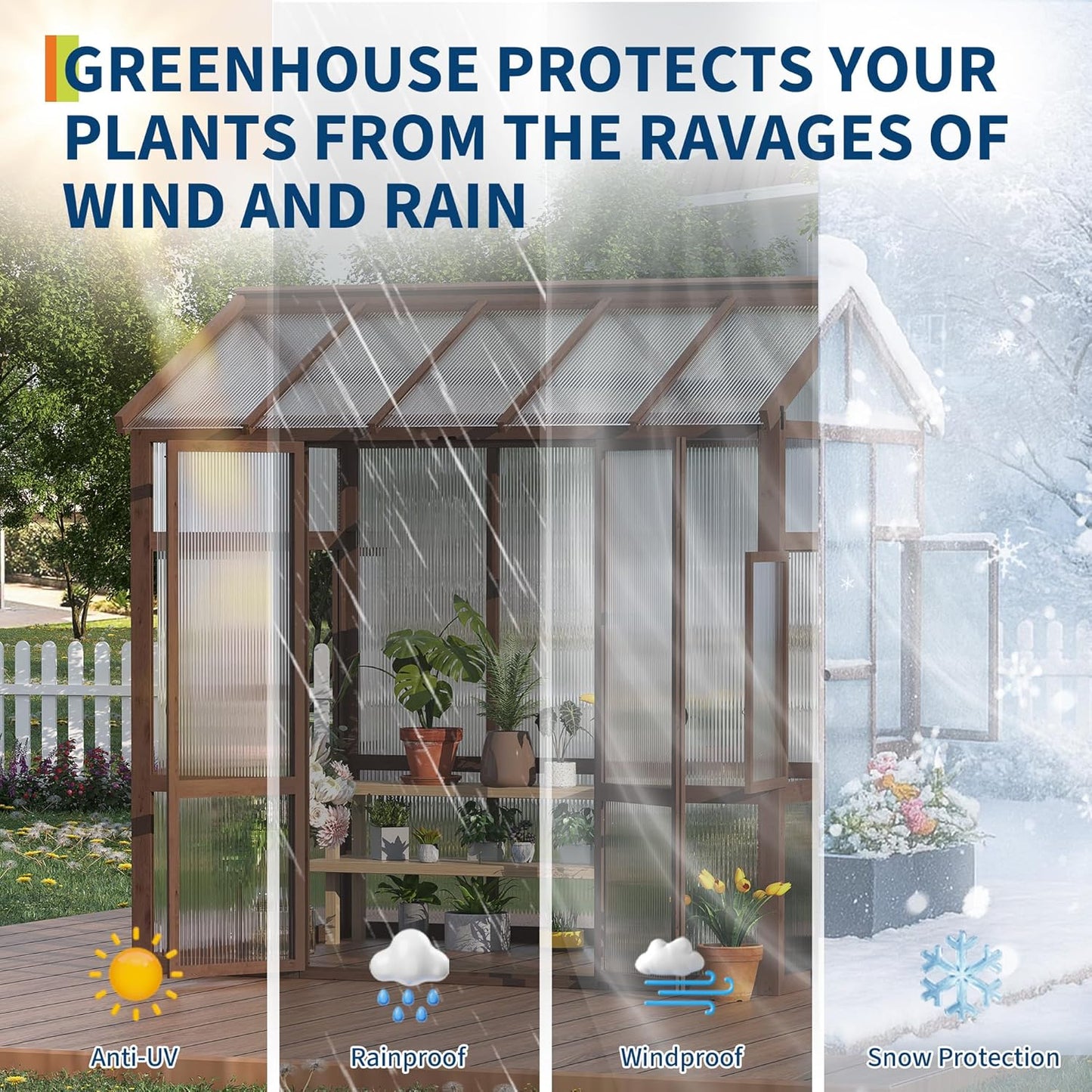 6x8 FT Wooden Greenhouse for Outdoor - Heavy Duty Walk-in Green House Kit with 6mm Polycarbonate, Ventilated Window & Lockable Door for Backyard, Patio, Lawn