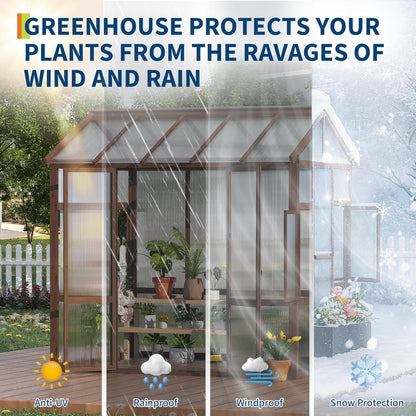 6x8 FT Wooden Greenhouse for Outdoor - Heavy Duty Walk-in Green House Kit with 6mm Polycarbonate, Ventilated Window & Lockable Door for Backyard, Patio, Lawn