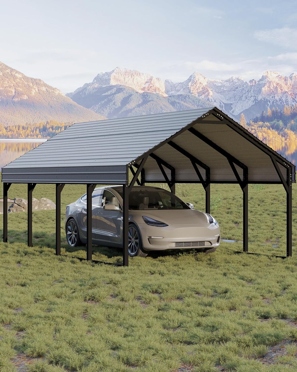 GarveeLife 12x20 ft Metal Carport, Reinforced Frame and Steel Roof for All-Weather Use, Permanent Shelter for Bass Boats, Full-Sized Pickup Trucks, and Tractors