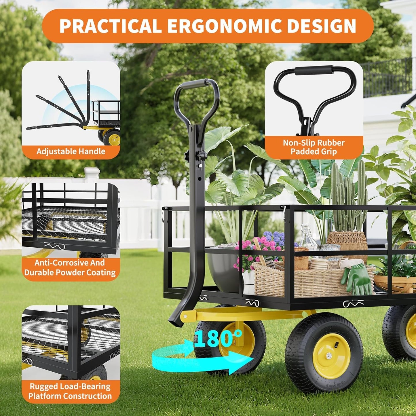 Metal Wagon - 1200lbs Garden Cart with 10" Multi-Terrain Tires, 4 Removable Mesh Sides & 180° Swivel Handle, Yard Wagon Cart for Lawn, Yard, Patio Gardening